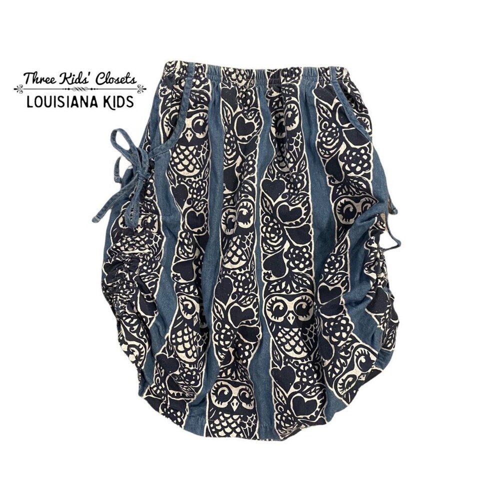 Paper Wings Sz 4 Chambray Ruched Owl Heart Skirt